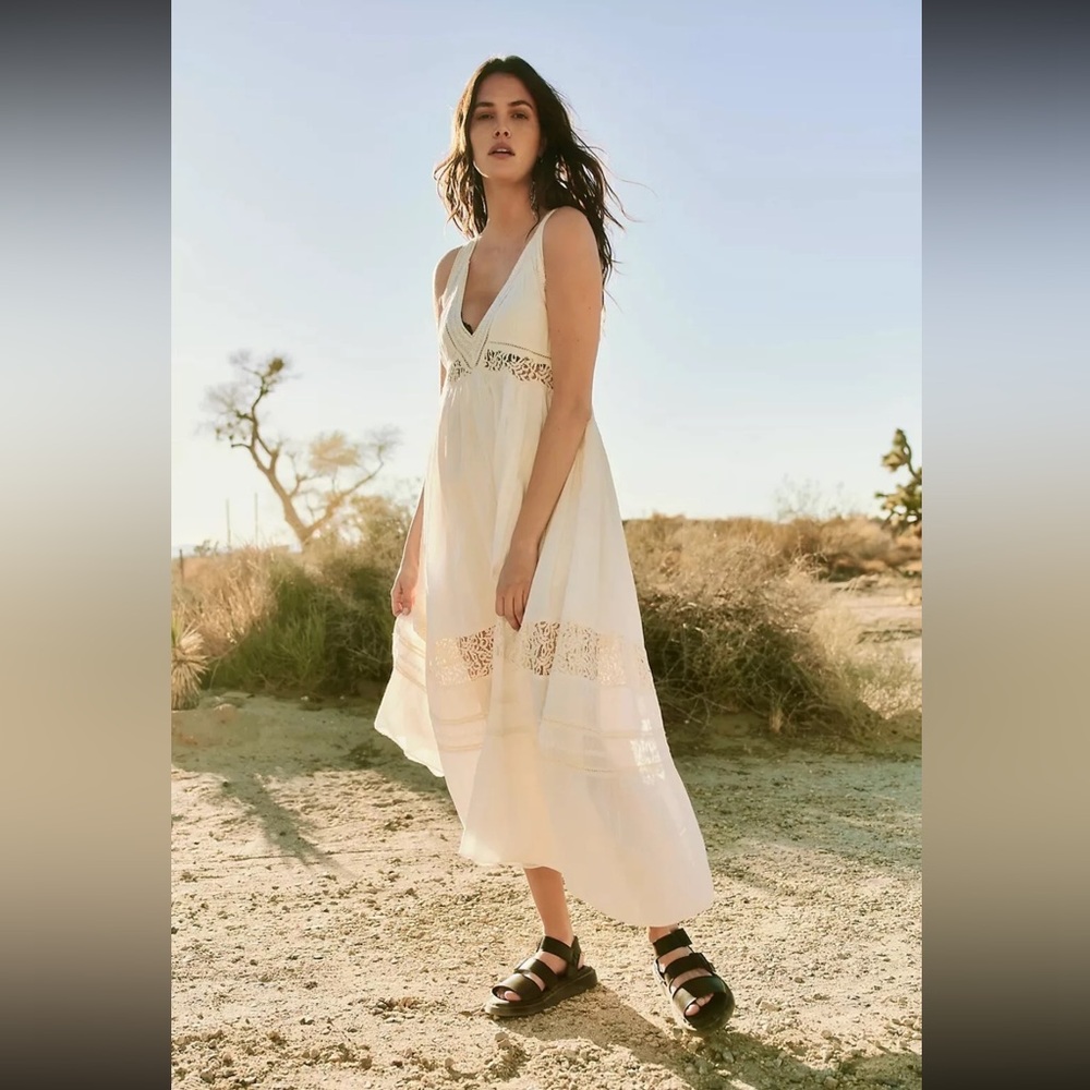 Free People Carla Ivory Crochet Lace Detail Semi-Sheer Cotton Maxi Dress - Small